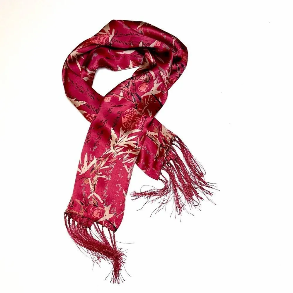 Men's Fuchsia Doubled Silk Scarf Hieroglyphs and Floral Bamboo Design Fringed - Picture 1 of 8